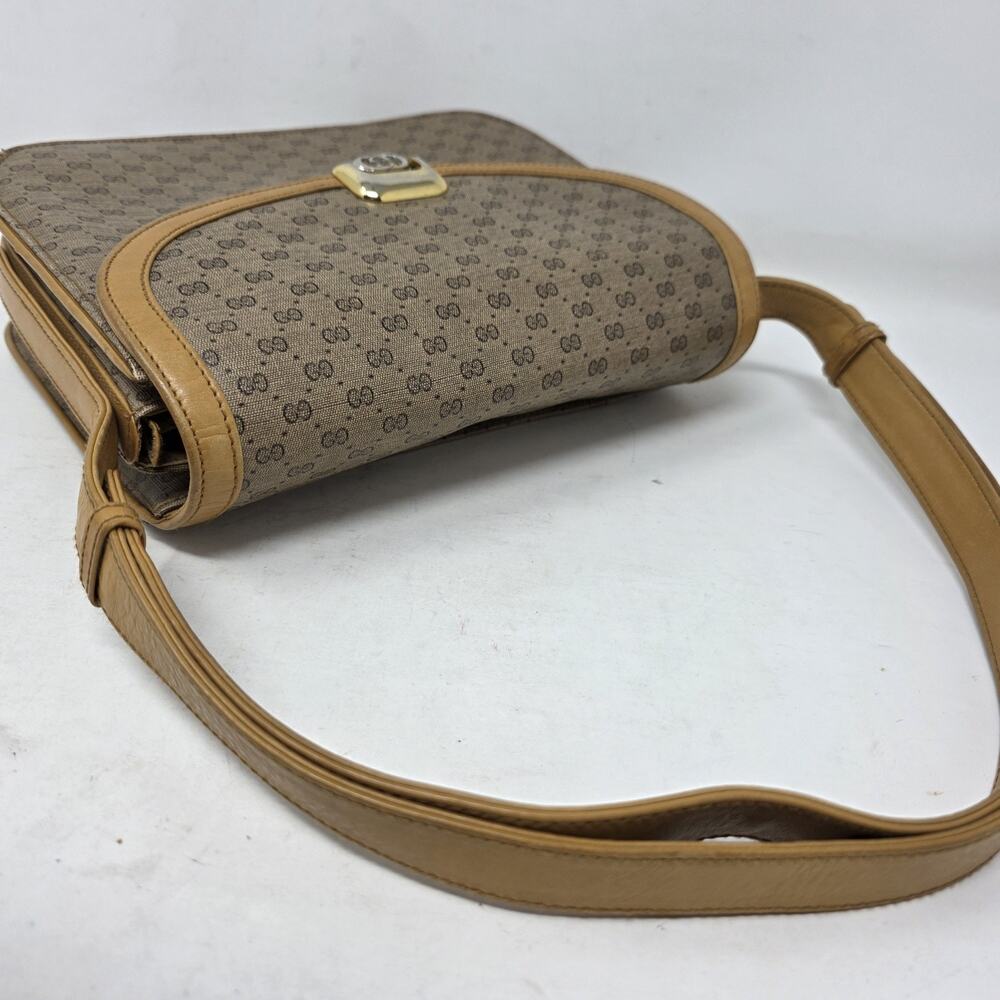 Vintage Gucci Micro GG Crossbody Bag 1970s Tan Canvas Italy Brass Lock Brown - Picture 9 of 16